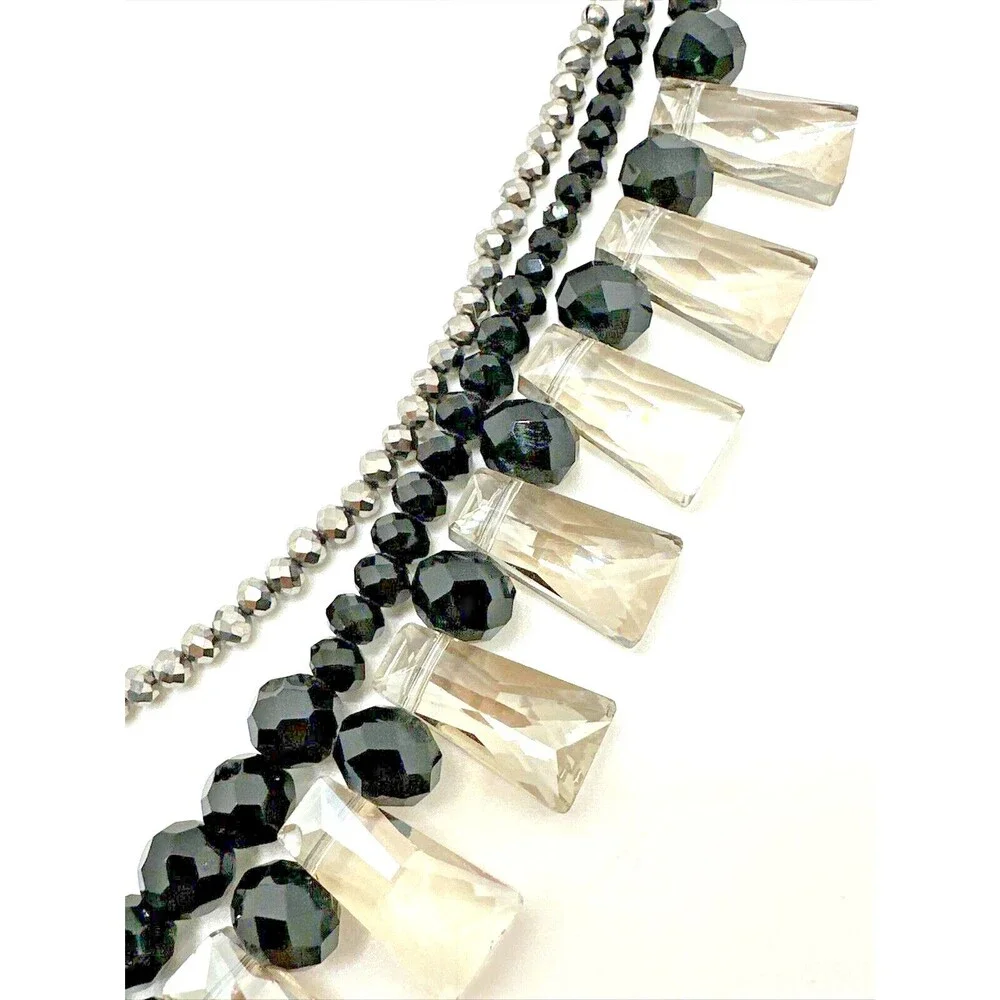 Vintage Crystal Collar Necklace Black Smoky Bead Multi Strand Statement 18